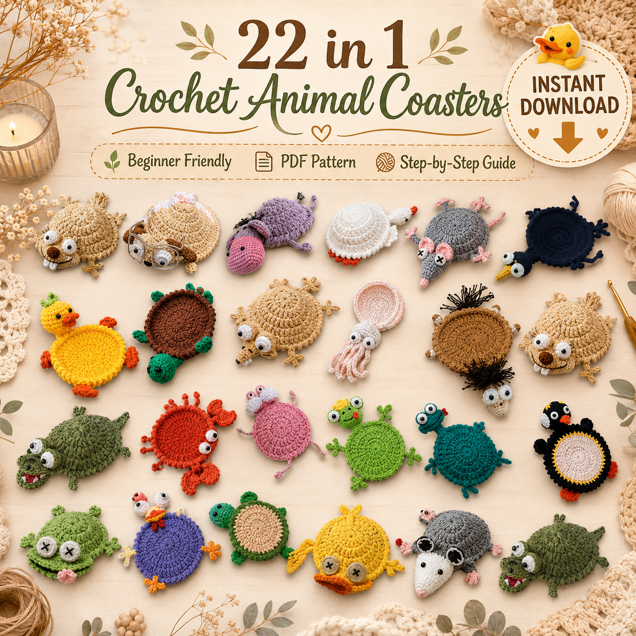 Crab Coaster & 21 Animals More Digital PDF Instant Download