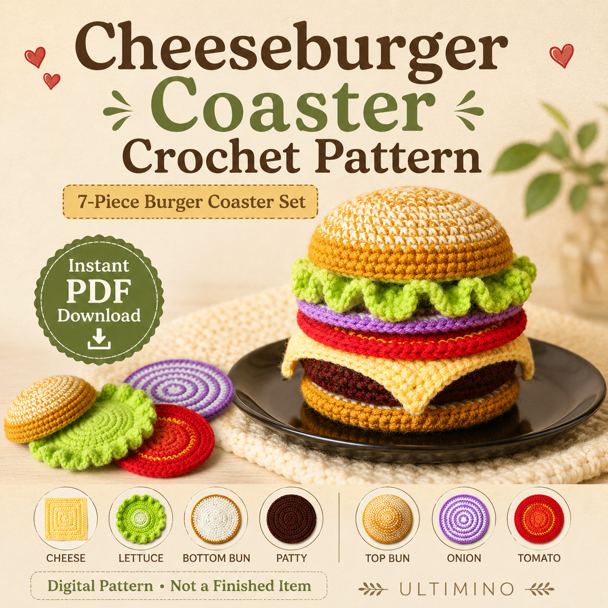 Cheeseburger Coasters Crochet Digital PDF Instant Download