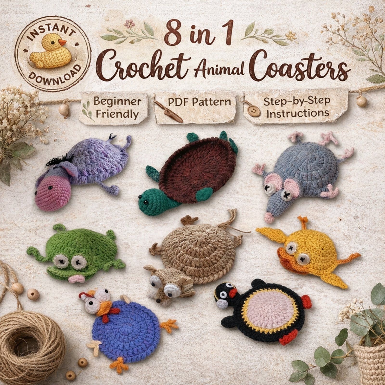 8-in-1 Animal Crochet Coaster Patterns, Mug Hugger Bundle, Animals Cup Holder Digital Download Instant PDF